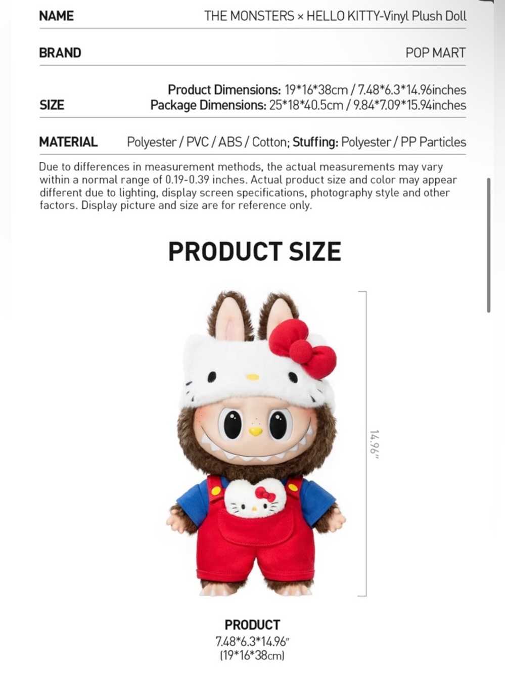 Authentic POP MART The Monsters x Hello Kitty Plush - Brown & White with Red Bow - Picture 7 of 7